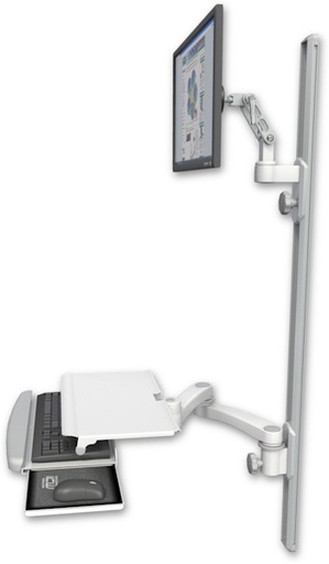 [UL500-T50D-KUS-A2] AccessMount™ Ultra 500 LCD mount on a 50" wall track with separate arms, a work surface tray and slide-out keyboard tray, and a 20" double-arm