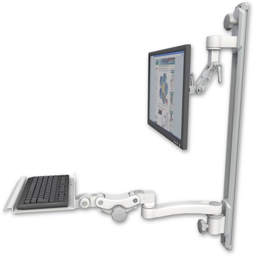 [UL500I-T36D-KP12-A1] AccessMount™ Inverted Ultra 500 LCD mount on a 36" wall track with separate arms, a 12" paralink keyboard tray, and an 11" arm