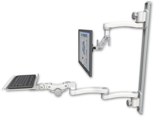[UL500I-T36D-KP12-A3] AccessMount™ Inverted Ultra 500 LCD mount on a 36" wall track with separate arms, a 12" paralink keyboard tray, and an 11" arm and 20" double-arm