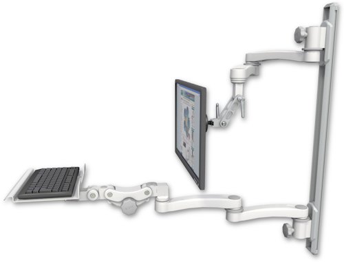 [UL500I-T36D-KP12-A4] AccessMount™ Inverted Ultra 500 LCD mount on a 36" wall track with separate arms, a 12" paralink keyboard tray, and two 20" double-arms