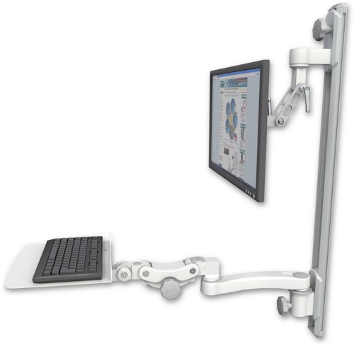 [UL500I-T36D-KP12F-A1] AccessMount™ Inverted Ultra 500 LCD mount on a 36" wall track with separate arms, a 12" flat paralink keyboard tray, and an 11" arm