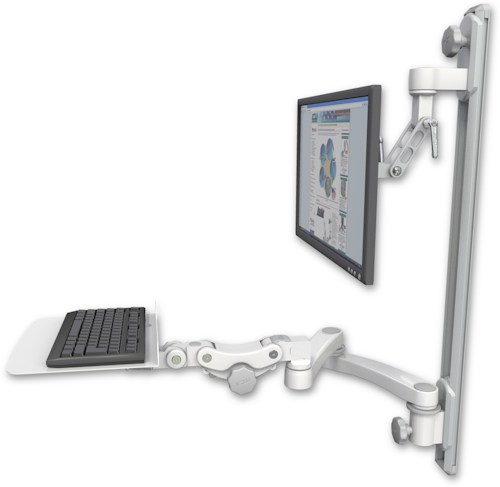[UL500I-T36D-KP12F-A2] AccessMount™ Inverted Ultra 500 LCD mount on a 36" wall track with separate arms, a 12" flat paralink keyboard tray, and a 20" double-arm