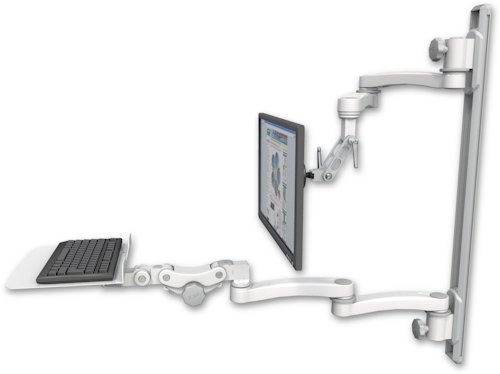 [UL500I-T36D-KP12F-A4] AccessMount™ Inverted Ultra 500 LCD mount on a 36" wall track with separate arms, a 12" flat paralink keyboard tray, and two 20" double-arms