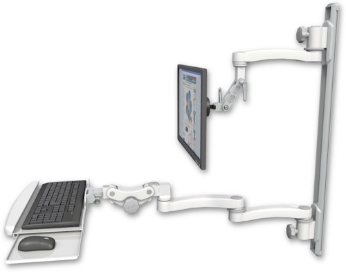 [UL500I-T36D-KPB-A3] AccessMount™ Inverted Ultra 500 LCD mount on a 36" wall track with separate arms, a paralink keyboard tray w/ wrist rest bend, and an 11" arm and 20" double-arm