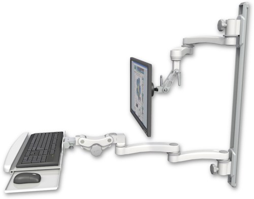 [UL500I-T36D-KPB-A4] AccessMount™ Inverted Ultra 500 LCD mount on a 36" wall track with separate arms, a paralink keyboard tray w/ wrist rest bend, and two 20" double-arms