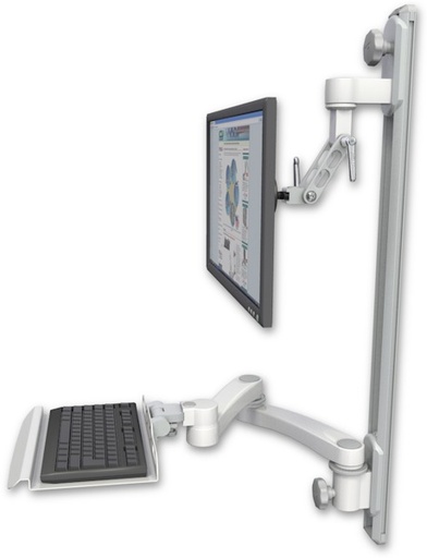 [UL500I-T36D-KU12-A2] AccessMount™ Inverted Ultra 500 LCD mount on a 36" wall track with separate arms, a 12" keyboard tray, and a 20" double-arm