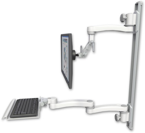 [UL500I-T36D-KU12-A3] AccessMount™ Inverted Ultra 500 LCD mount on a 36" wall track with separate arms, a 12" keyboard tray, and an 11" arm and 20" double-arm