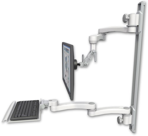 [UL500I-T36D-KU12-A4] AccessMount™ Inverted Ultra 500 LCD mount on a 36" wall track with separate arms, a 12" keyboard tray, and two 20" double-arms