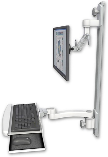 [UL500I-T36D-KUB-A1] AccessMount™ Inverted Ultra 500 LCD mount on a 36" wall track with separate arms, a wrist-rest keyboard tray, and an 11" arm