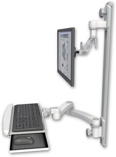 [UL500I-T36D-KUB-A2] AccessMount™ Inverted Ultra 500 LCD mount on a 36" wall track with separate arms, a wrist-rest keyboard tray, and a 20" double-arm