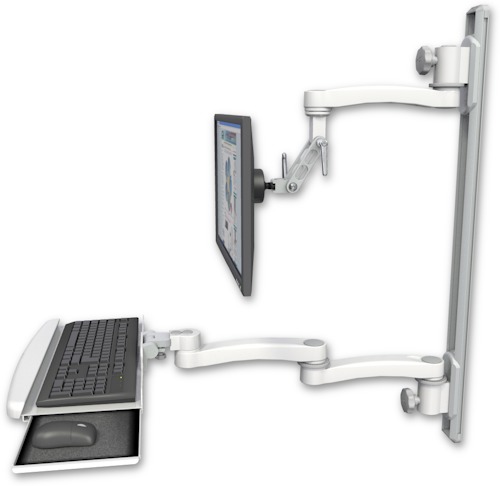 [UL500I-T36D-KUB-A3] AccessMount™ Inverted Ultra 500 LCD mount on a 36" wall track with separate arms, a wrist-rest keyboard tray, and an 11" arm and 20" double-arm