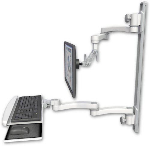 [UL500I-T36D-KUB-A4] AccessMount™ Inverted Ultra 500 LCD mount on a 36" wall track with separate arms, a wrist-rest keyboard tray, and two 20" double-arms