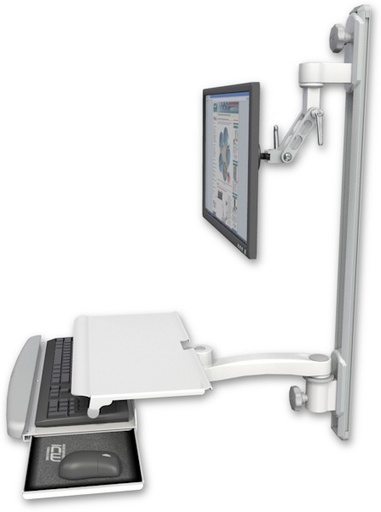[UL500I-T36D-KUS-A1] AccessMount™ Inverted Ultra 500 LCD mount on a 36" wall track with separate arms, a work surface tray and slide-out keyboard tray, and an 11" arm