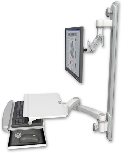 [UL500I-T36D-KUS-A2] AccessMount™ Inverted Ultra 500 LCD mount on a 36" wall track with separate arms, a work surface tray and slide-out keyboard tray, and a 20" double-arm