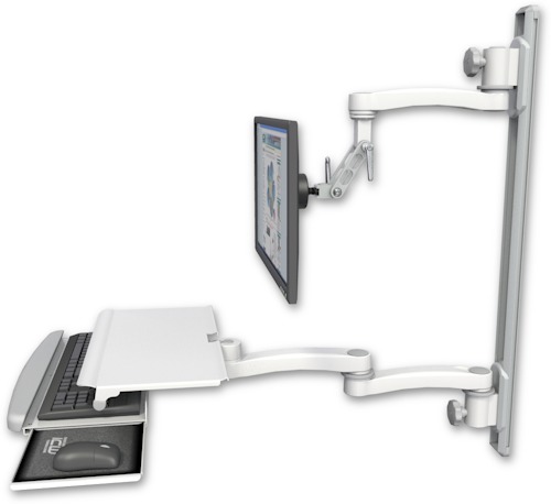 [UL500I-T36D-KUS-A3] AccessMount™ Inverted Ultra 500 LCD mount on a 36" wall track with separate arms, a work surface tray and slide-out keyboard tray, and an 11" arm and 20" double-arm
