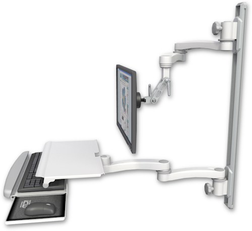 [UL500I-T36D-KUS-A4] AccessMount™ Inverted Ultra 500 LCD mount on a 36" wall track with separate arms, a work surface tray and slide-out keyboard tray, and two 20" double-arms