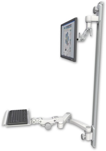 [UL500I-T50D-KP12-A2] AccessMount™ Inverted Ultra 500 LCD mount on a 50" wall track with separate arms, a 12" paralink keyboard tray, and a 20" double-arm