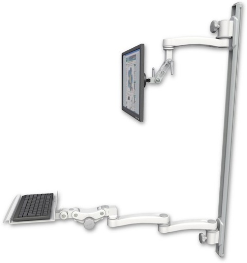 [UL500I-T50D-KP12-A3] AccessMount™ Inverted Ultra 500 LCD mount on a 50" wall track with separate arms, a 12" paralink keyboard tray, and an 11" arm and 20" double-arm