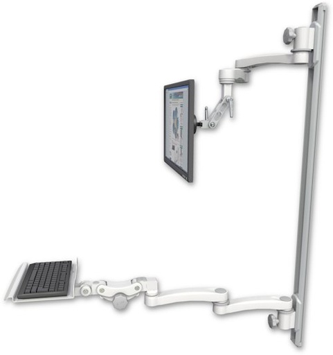 [UL500I-T50D-KP12-A4] AccessMount™ Inverted Ultra 500 LCD mount on a 50" wall track with separate arms, a 12" paralink keyboard tray, and two 20" double-arms