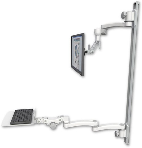[UL500I-T50D-KP12F-A4] AccessMount™ Inverted Ultra 500 LCD mount on a 50" wall track with separate arms, a 12" flat paralink keyboard tray, and two 20" double-arms