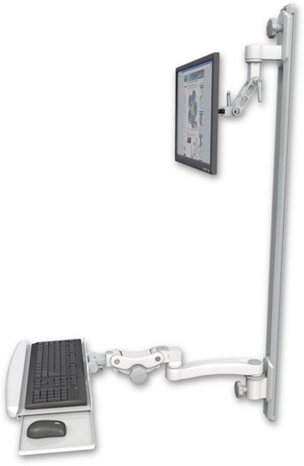 [UL500I-T50D-KPB-A1] AccessMount™ Inverted Ultra 500 LCD mount on a 50" wall track with separate arms, a paralink keyboard tray w/ wrist rest bend, and an 11" arm