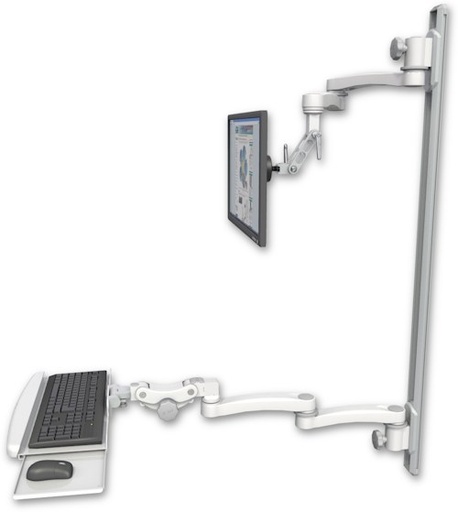 [UL500I-T50D-KPB-A4] AccessMount™ Inverted Ultra 500 LCD mount on a 50" wall track with separate arms, a paralink keyboard tray w/ wrist rest bend, and two 20" double-arms
