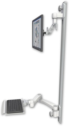 [UL500I-T50D-KU12-A2] AccessMount™ Inverted Ultra 500 LCD mount on a 50" wall track with separate arms, a 12" keyboard tray, and a 20" double-arm