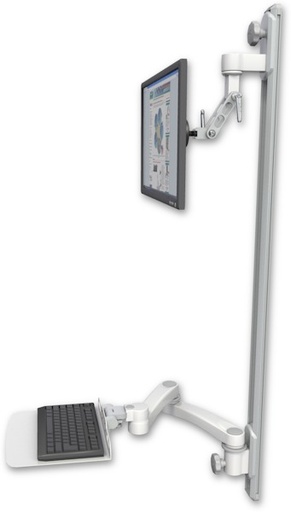 [UL500I-T50D-KU12F-A2] AccessMount™ Inverted Ultra 500 LCD mount on a 50" wall track with separate arms, a 12" flat keyboard tray, and a 20" double-arm
