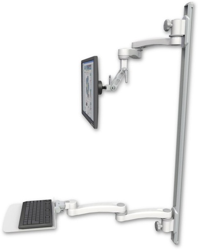 [UL500I-T50D-KU12F-A4] AccessMount™ Inverted Ultra 500 LCD mount on a 50" wall track with separate arms, a 12" flat keyboard tray, and two 20" double-arms