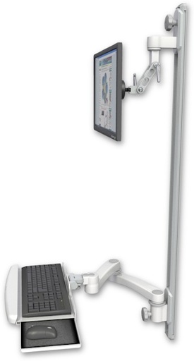 [UL500I-T50D-KUB-A2] AccessMount™ Inverted Ultra 500 LCD mount on a 50" wall track with separate arms, a wrist-rest keyboard tray, and a 20" double-arm