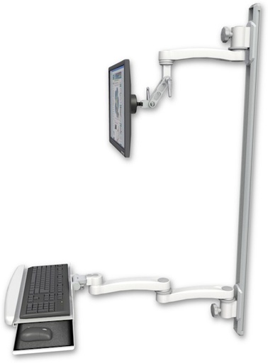[UL500I-T50D-KUB-A3] AccessMount™ Inverted Ultra 500 LCD mount on a 50" wall track with separate arms, a wrist-rest keyboard tray, and an 11" arm and 20" double-arm