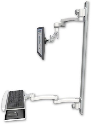 [UL500I-T50D-KUB-A4] AccessMount™ Inverted Ultra 500 LCD mount on a 50" wall track with separate arms, a wrist-rest keyboard tray, and two 20" double-arms