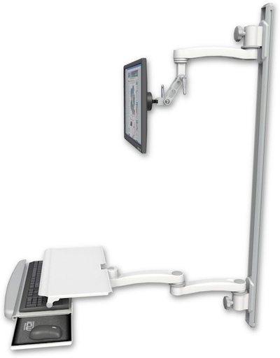 [UL500I-T50D-KUS-A3] AccessMount™ Inverted Ultra 500 LCD mount on a 50" wall track with separate arms, a work surface tray and slide-out keyboard tray, and an 11" arm and 20" double-arm