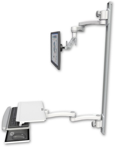 [UL500I-T50D-KUS-A4] AccessMount™ Inverted Ultra 500 LCD mount on a 50" wall track with separate arms, a work surface tray and slide-out keyboard tray, and two 20" double-arms