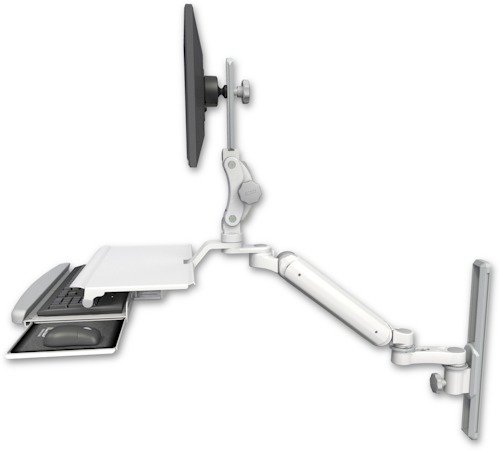 [UL182P-T19-KUS-AS1] AccessMount™ Ultra 182 Arm with Paralink monitor mount mount on a 19" wall track slider, a work surface tray and slide-out keyboard tray, and an 6" arm