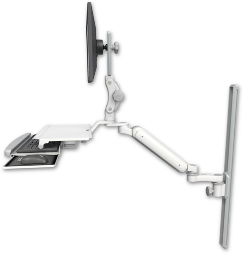 [UL182P-T36-KUS-AS1] AccessMount™ Ultra 182 Arm with Paralink monitor mount mount on a 36" wall track slider, a work surface tray and slide-out keyboard tray, and an 6" arm