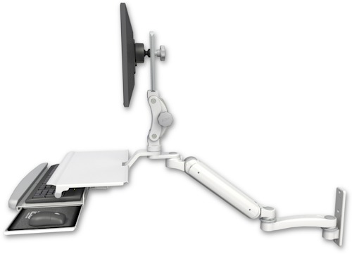 [UL182P-W3-KUS-A1] AccessMount™ Ultra 182 Arm with Paralink monitor mount wall mount, a work surface tray and slide-out keyboard tray, and an 11" arm