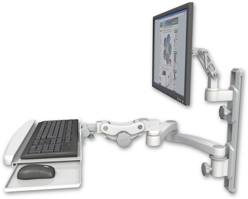 [UL500-T19D-KPB-A2] AccessMount™ Ultra 500 LCD mount on a 19" wall track with separate arms, a paralink keyboard tray w/ wrist rest bend, and a 20" double-arm