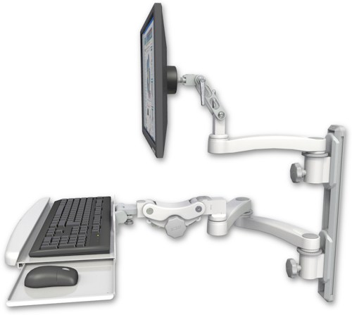 [UL500-T19D-KPB-A3] AccessMount™ Ultra 500 LCD mount on a 19" wall track with separate arms, a paralink keyboard tray w/ wrist rest bend, and an 11" arm and 20" double-arm