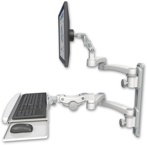 [UL500-T19D-KPB-A4] AccessMount™ Ultra 500 LCD mount on a 19" wall track with separate arms, a paralink keyboard tray w/ wrist rest bend, and two 20" double-arms