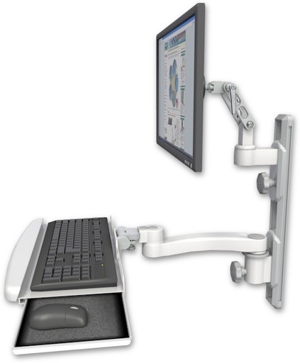 [UL500-T19D-KUB-A1] AccessMount™ Ultra 500 LCD mount on a 19" wall track with separate arms, a wrist-rest keyboard tray, and an 11" arm