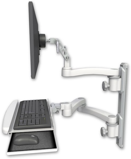 [UL500-T19D-KUB-A3] AccessMount™ Ultra 500 LCD mount on a 19" wall track with separate arms, a wrist-rest keyboard tray, and an 11" arm and 20" double-arm