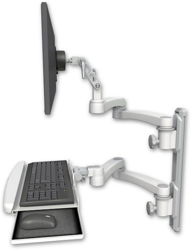 [UL500-T19D-KUB-A4] AccessMount™ Ultra 500 LCD mount on a 19" wall track with separate arms, a wrist-rest keyboard tray, and two 20" double-arms