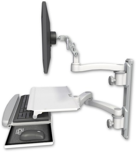 [UL500-T19D-KUS-A3] AccessMount™ Ultra 500 LCD mount on a 19" wall track with separate arms, a work surface tray and slide-out keyboard tray, and an 11" arm and 20" double-arm