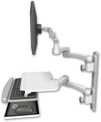 [UL500-T19D-KUS-A4] AccessMount™ Ultra 500 LCD mount on a 19" wall track with separate arms, a work surface tray and slide-out keyboard tray, and two 20" double-arms