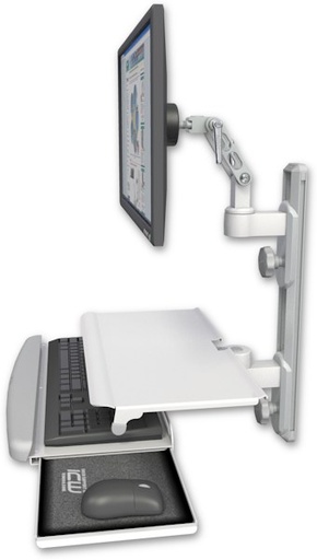 [UL500-T19D-KUS] AccessMount™ Ultra 500 LCD mount on a 19" wall track with separate arms and a work surface tray and slide-out keyboard tray