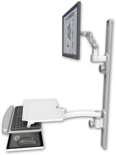 [UL500-T36D-KUS-A1] AccessMount™ Ultra 500 LCD mount on a 36" wall track with separate arms, a work surface tray and slide-out keyboard tray, and an 11" arm