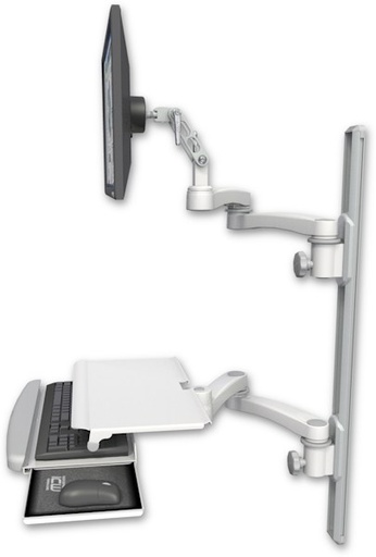 [UL500-T36D-KUS-A4] AccessMount™ Ultra 500 LCD mount on a 36" wall track with separate arms, a work surface tray and slide-out keyboard tray, and two 20" double-arms
