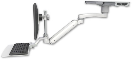 [UL182IEV7S-PS28-D1-KU12F-A1] AccessMount™ Inverted Ultra 182 Arm with short EV710 monitor mount mount on a ProSlide 28" track slider, a 1" riser, a 12" flat keyboard tray, and an 11" arm