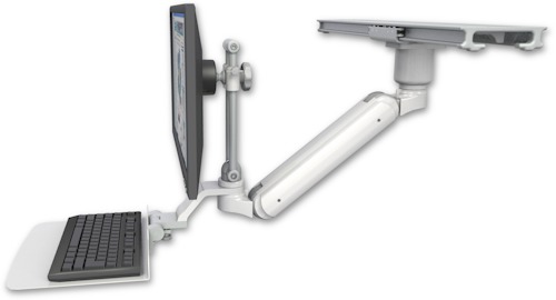 [UL182IEV7S-PS28-D1-KU12F] AccessMount™ Inverted Ultra 182 Arm with short EV710 monitor mount mount on a ProSlide 28" track slider, a 1" riser, and a 12" flat keyboard tray